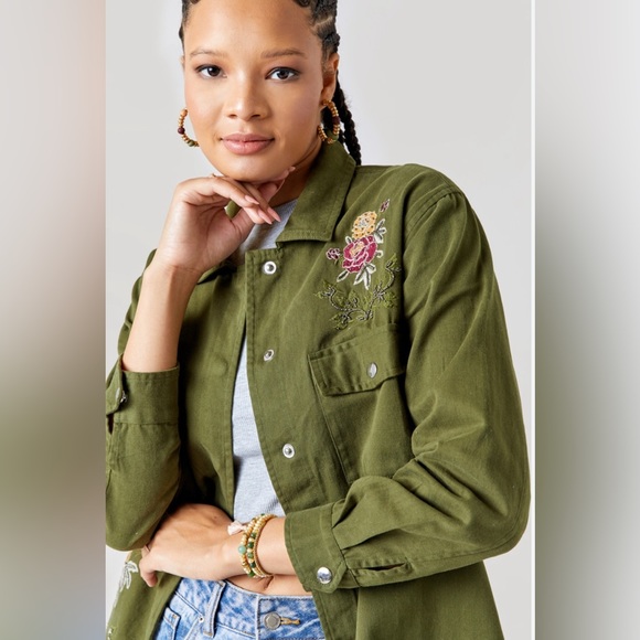 Francesca Olive Green Embroidery Long sleeve Shirt - Picture 3 of 12